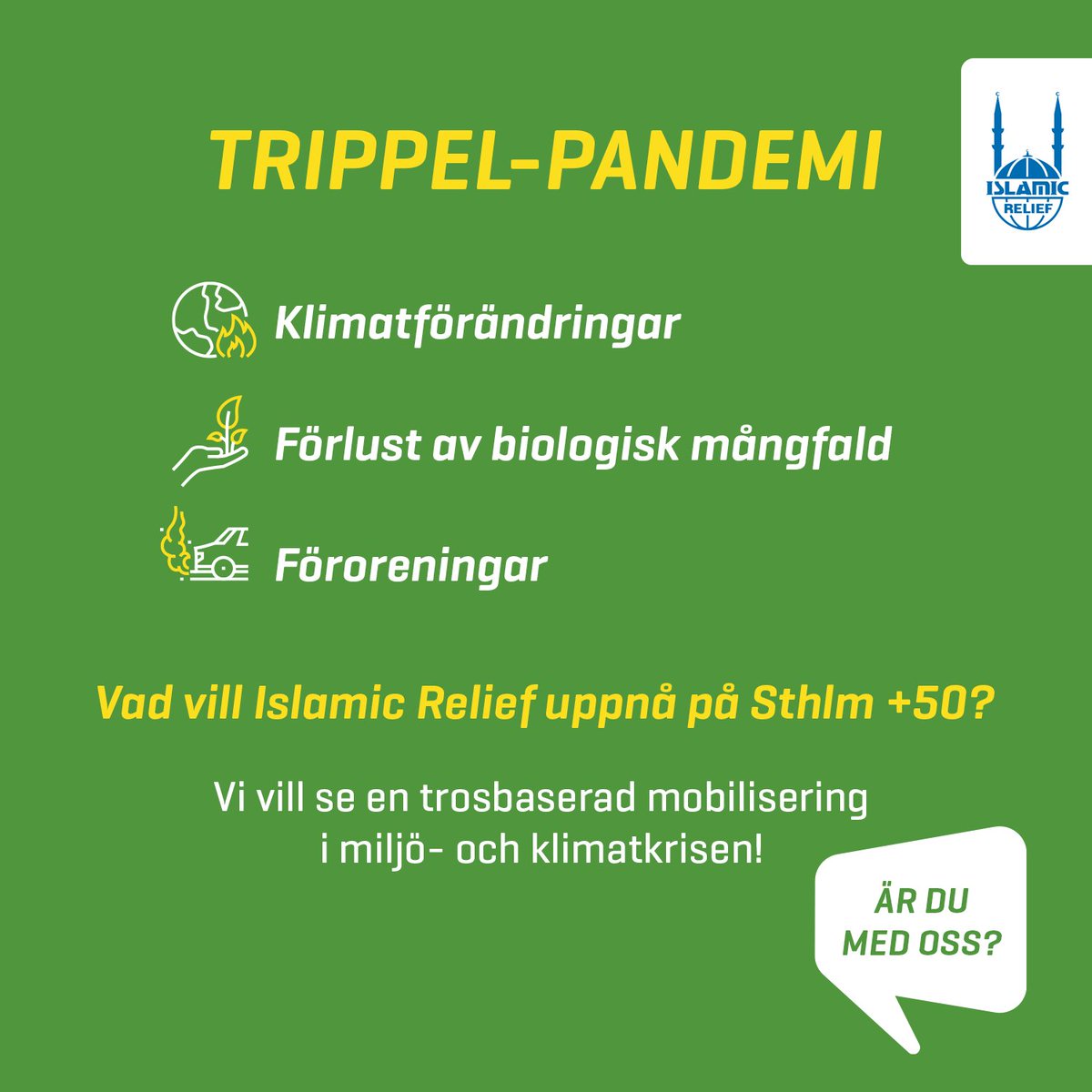 #IslamicRelief medverkar på FNs högnivåmöte #Stockholm50 för att belysa länken mellan #miljön och #religion samt vikten av att inkludera trosbaserade aktörer i miljöförhandlingar. Vi vill se en trosbaserad mobilisering i miljö- och klimatkrisen!
#stockholm50