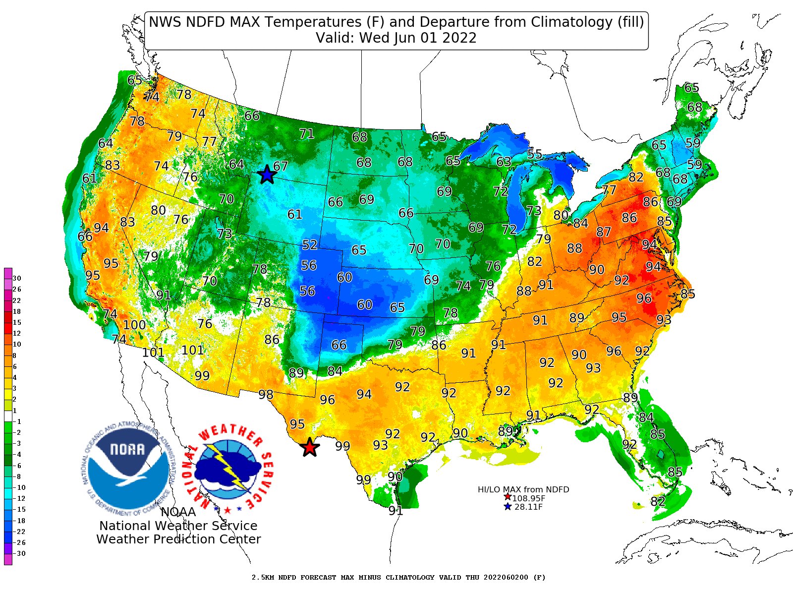 Us Temp Map Forecast Nws Weather Prediction Center On Twitter: "High Temperature Forecast For  The First Day Of June Shows Summer #Heat Across The Southern U.s. Into The  Mid-Atlantic, With Below Average Temperatures For Much Of