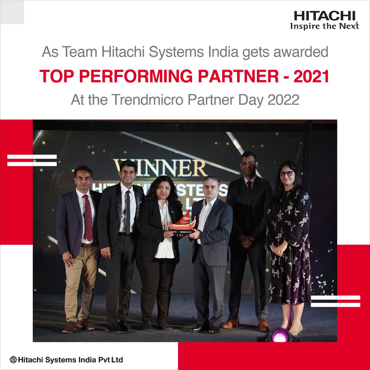 HitachiSysIndia's tweet photo. A significant accomplishment for team Hitachi Systems India as we get awarded the Top Performing Partner – 2021 at the Trendmicro Partner Day 2022.
A team truly dedicated to hard work and success!
#TopPerformingPartner #TeamOfChampions #CollaborateToInnovate #TransformTogether https://t.co/3sOZO9Tqba