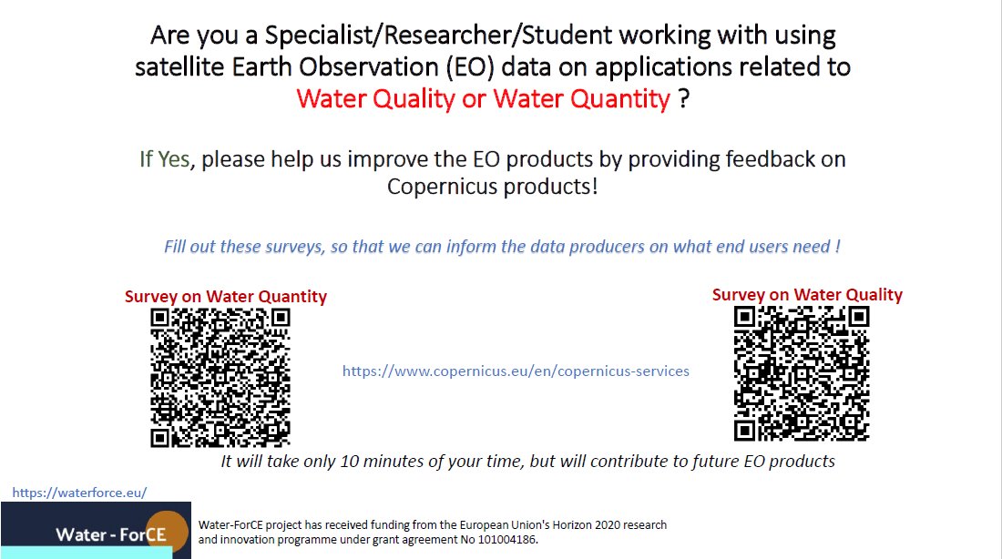 spareeth's tweet photo. Are you working with Earth Observation (EO) satellite data for Water Quantity/Quality modeling? Then please fill out this survey for feedback on EO products by Copernicus - https://t.co/F0V94eNg5m

Water Quantity: https://t.co/MpDF1GUPeK

Water Quality: https://t.co/RQhqhAmqGR https://t.co/DdLbkxjsYI