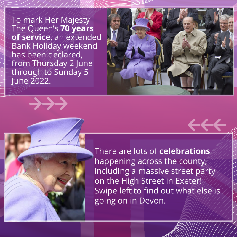 DevonCC's tweet photo. 👑 There’s lots of events happening in #Devon this week, a county where Her Majesty The Queen first met Prince Philip, to celebrate the Platinum Jubilee!

Swipe left below to find out more.

#PlatinumJubilee | #HM70