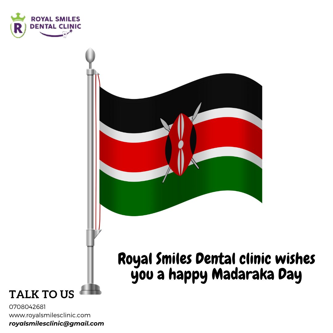 Happy Madaraka Day from all of us at Royal Smiles Dental Clinic😊!

We are proud to belong to this land🇰🇪!

Also, we are open today😊.

Talk to us📞:
0708042681

#premiumdentalcare 
#madarakaday2022
#madaraka
#dentaltips 
#dentalclinic
#dentalclinicinnairobi
#dentistkenya