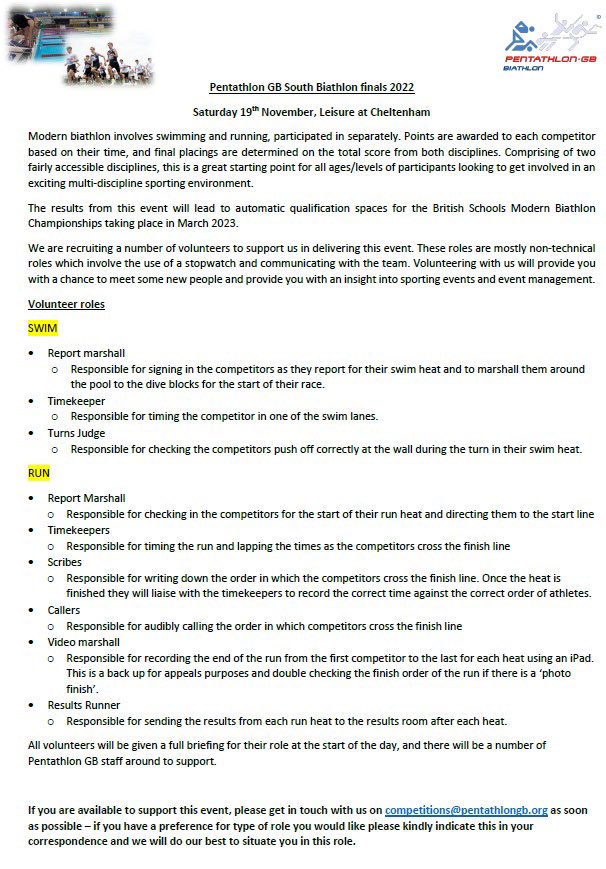 Volunteer opportunity | @pentathlongb are recruiting volunteers for the South Biathlon Finals in November.

This will be hosted on our doorstep at Leisure at, Cheltenham. 

If you are interested, please contact: competitions@pentathlongb.org

#volunteer #local #sport #cheltenham