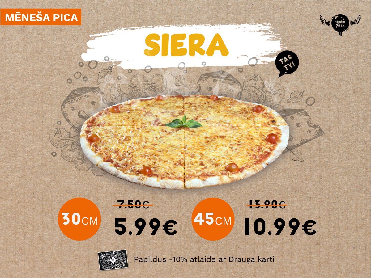 Sierīgākajā mēnesī 🧀🌿JŪNIJĀ sūti Siera picu par īpaši labu cenu!

🧀Studio Pizza Drauga kartes īpašniekiem papildus -10% ATLAIDE

🧀Akcijas periods: 01.-30.06.2022.

👁STUDIOPIZZA.LV
🧀IZSALKUMA TĀLRUNIS 20606000

#sierapica #ligosvetki #jani2022 #studiopizza