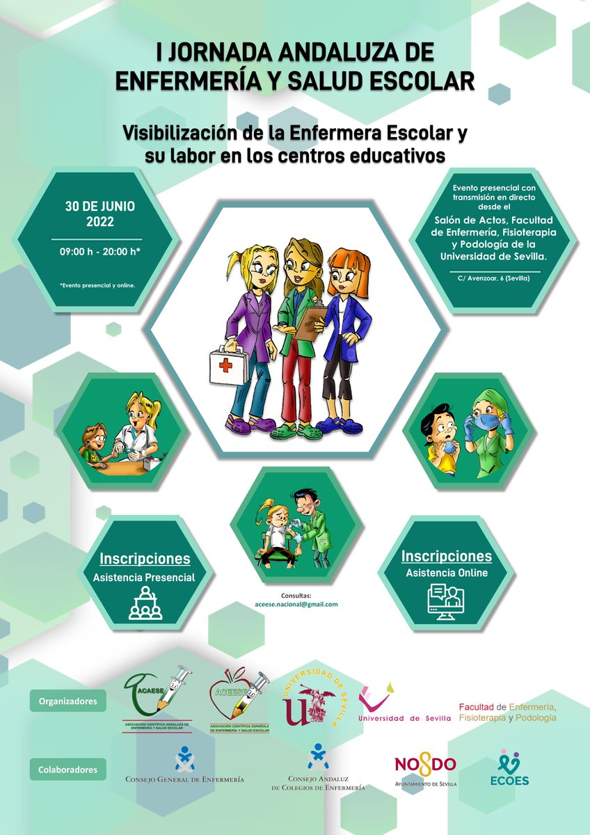 ¡Ya falta poco para celebrar la I Jornada Andaluza de Enfermería y Salud Escolar! <a href="/AceesEnfermeria/">ACEESEnfermería</a>  <a href="/Efp_US/">Facultad de EFP de Sevilla</a> @ecoesevilla <a href="/Ayto_Sevilla/">Ayuntamiento de Sevilla</a> <a href="/consejo_andaluz/">Consejo Andaluz de Enfermería</a> <a href="/CGEnfermeria/">Consejo General de Enfermería</a> 

Registros asistencia presencial: forms.gle/CVCkvYZPjEiEt5…

Registros asistencia ONLINE: forms.gle/C5yPYxeTVKLjbv…