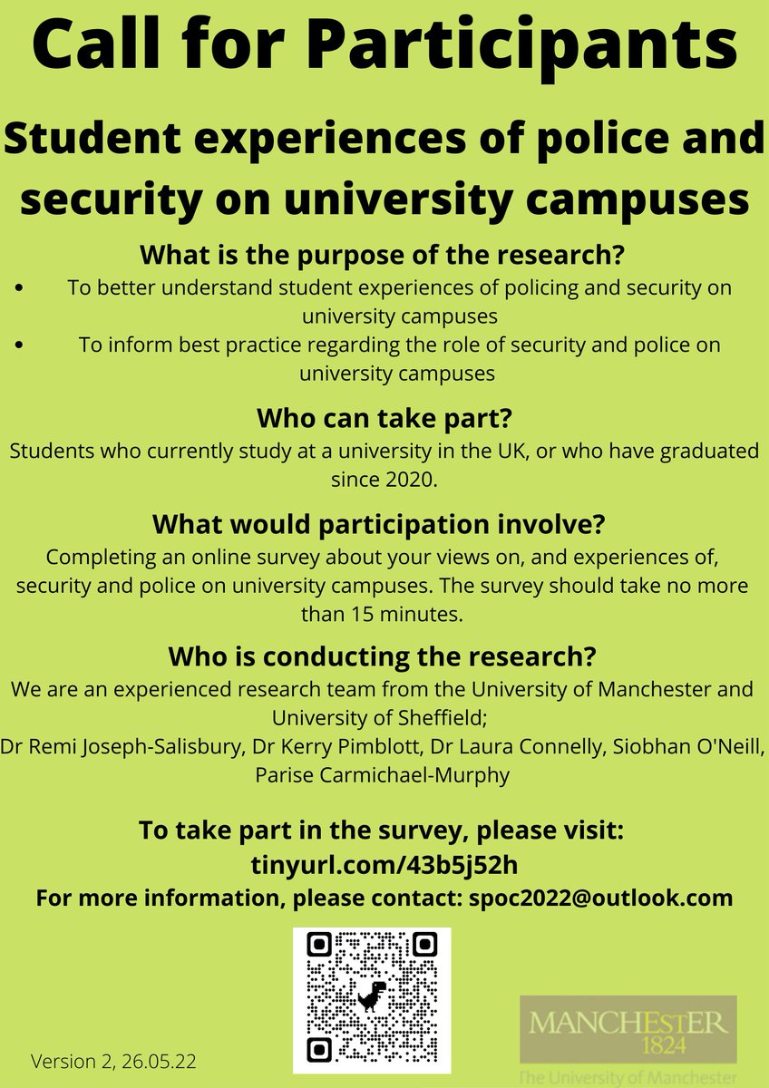 NEW SURVEY 

We are conducting research on the impact of security and police on UK university campuses. If you are a current student or have recently graduated, we’d love to hear your views via our survey:

qualtrics.manchester.ac.uk/jfe/form/SV_88…

(1/2)