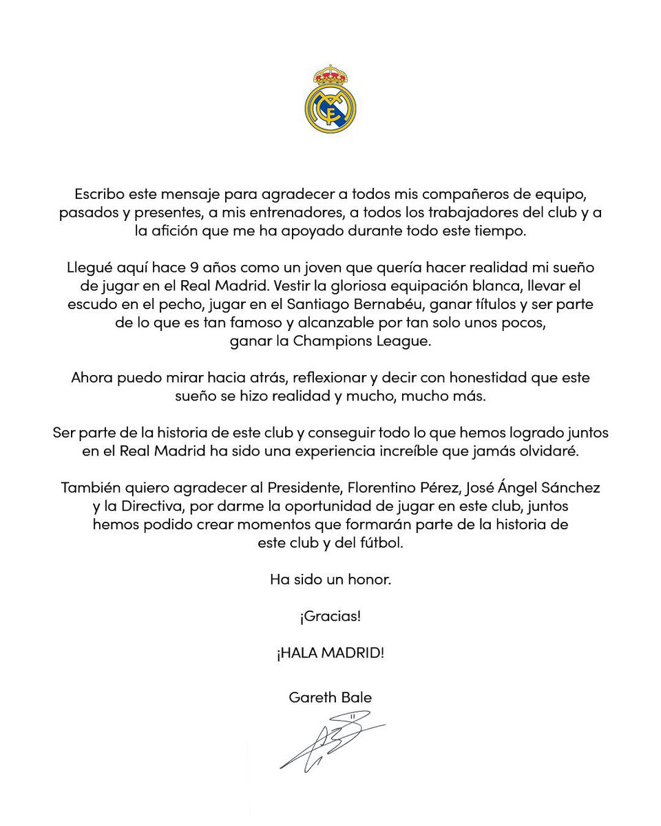 🚨ÚLTIMA HORA🚨 

👋Gareth Bale se despide del Real Madrid con un comunicado en sus redes sociales

🎙"Agradecer a todos mis compañeros de equipo, pasados y presentes, a mis entrenadores, a todos los trabajadores del club y a la afición que me ha apoyado durante todo este tiempo"