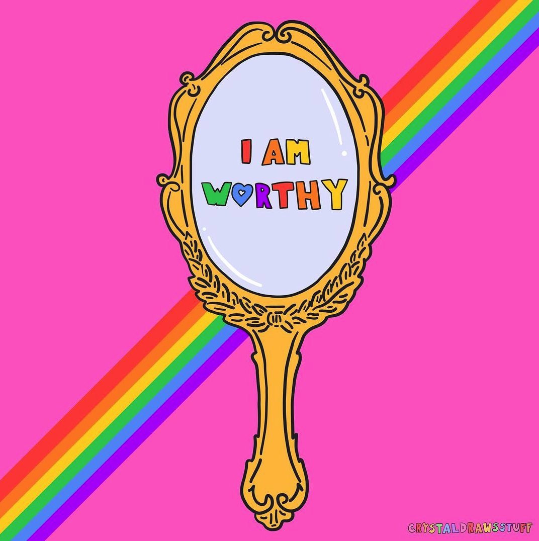 TrevorProject's tweet photo. Your worth is inherent 🌈 art by crystaldrawsstuff 🎨

If you're in crisis, we're here 24/7 to support you at: 866.488.7386 or text/chat https://t.co/hxtScqKIYy 📲 #lgbtq #Pride https://t.co/Eh1bU7y6QC