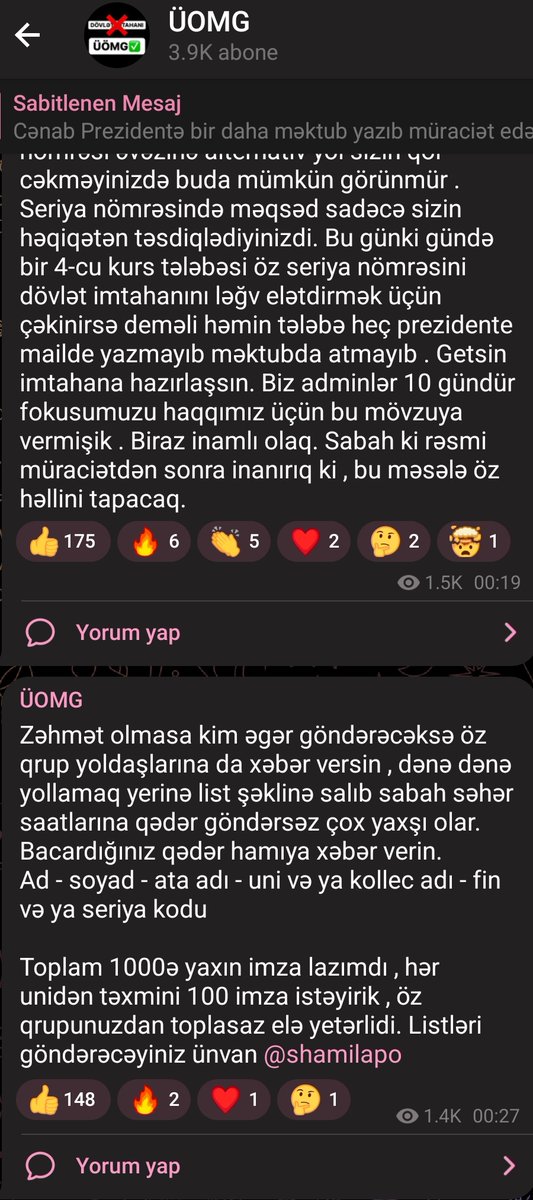 Uşağlar imza topluyuruq. Uni və kollecdən məzun olacaq şəxslər ad soyad ata adını fin və ya seriya kodunu göndərsin. Dövlət imtahanın ləğvi üçün