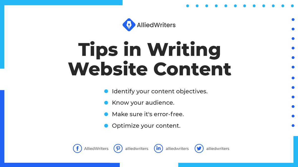 alliedwriters's tweet photo. An effective web content boosts traffic and helps you reach a wider audience. Here are some tips to write a click-worthy content. 
Don't have time to write one? Let the experts handle the task for you. Ally with our writers today!

#alliedwriters #contentwritingtips #writinghacks https://t.co/ccJblKWsU2