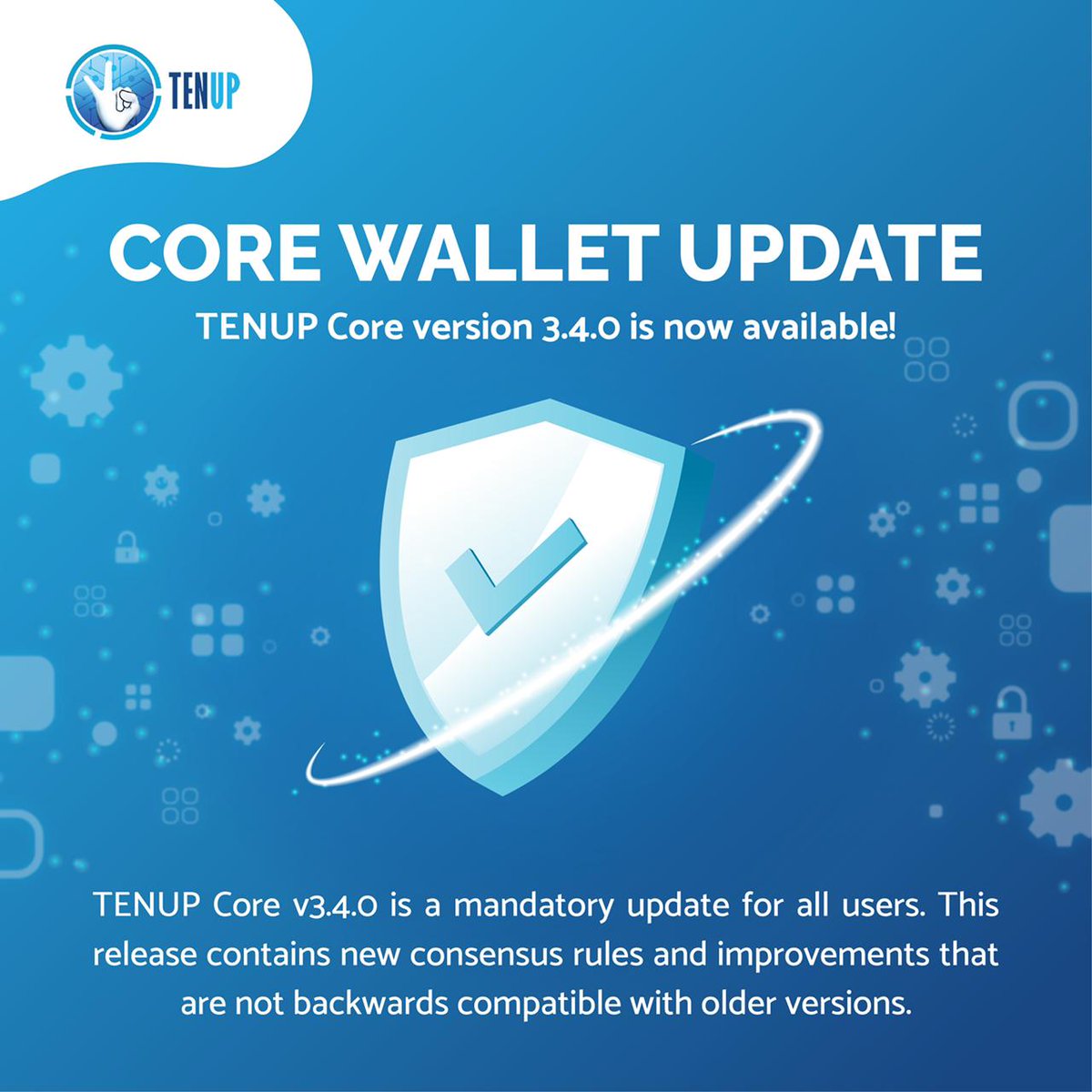 TenupNation's tweet photo. Dear TenUp Community,
TenUp has just released an update to its core wallet. Every user must install wallet version 3.4.0 by June 6, 2022. Install the update as soon as possible before the new version takes effect. https://t.co/4vdlms58fX