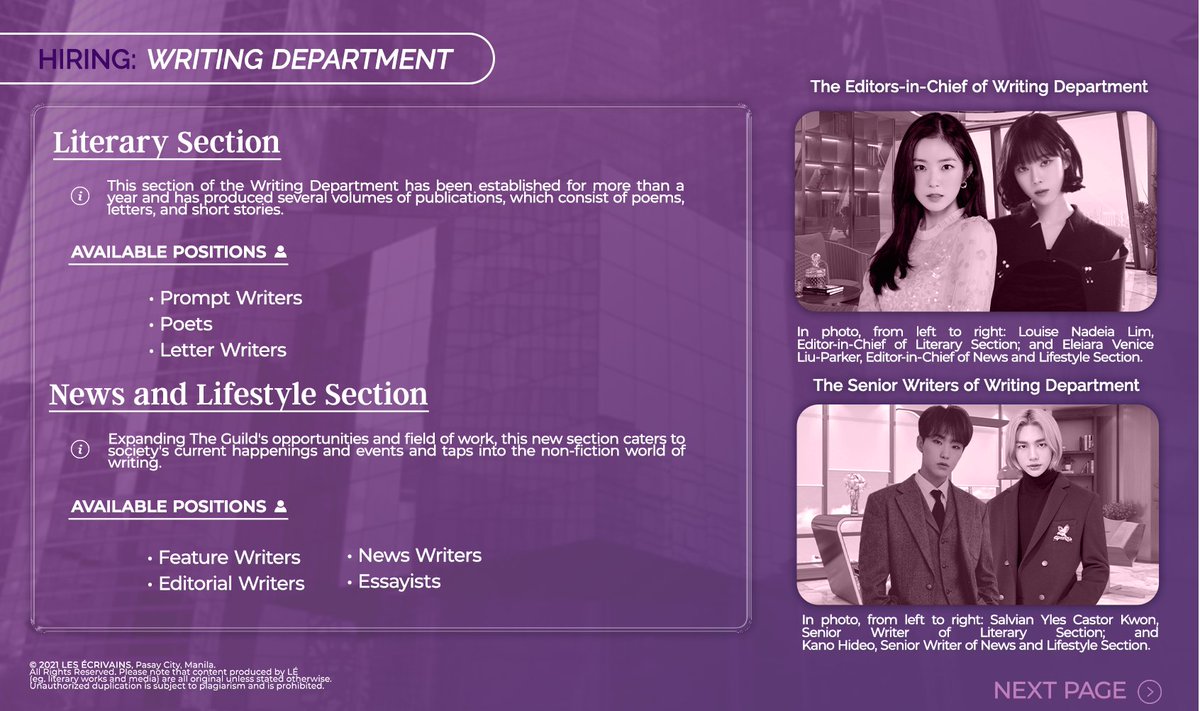 LESECRIVAINS_RP's tweet image. ㅤ

LÉ: HIRING

Full Name:
Username:
Faceclaim:
Desired Position:
Referred by (if any):
Number of work bases:
Date and Time of interview (Mon–Fri 10 AM–6PM):

#LÉAnniversaryHiring
#LÉComebackoftheGuild

ㅤ