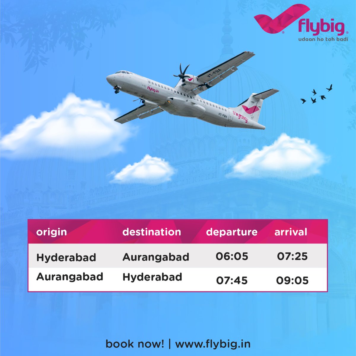 flybigairlines's tweet photo. June calls for some exciting vacays & good times. Enjoy our new, direct & daily flights operating from 1st June.
flybig from Hyderabad to Aurangabad & back.
Visit https://t.co/ghNTxHp31c & book now!
#flybig #flybigairlines #hyderabad #aurangabad #dailyflight https://t.co/YN9h9XD6N3