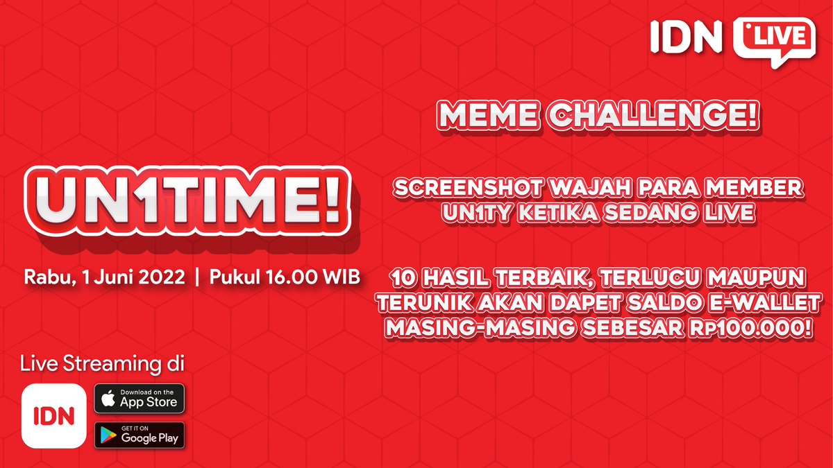 idn_app's tweet photo. UN1TY jamming sambil bagi-bagi hadiah!

MEME CHALLENGE UN1TIME!

Share hasil screenshot kamu saat UN1TY live hari Rabu, 1 Juni 2022. Follow dan mention @idn_app @UN1TY_Official, sertakan hashtag #UN1TIMEIDNLIVE dan #SeruBarengIDNLive

Download IDN App: https://t.co/7LUb73RXPD https://t.co/xYW3pYfGia