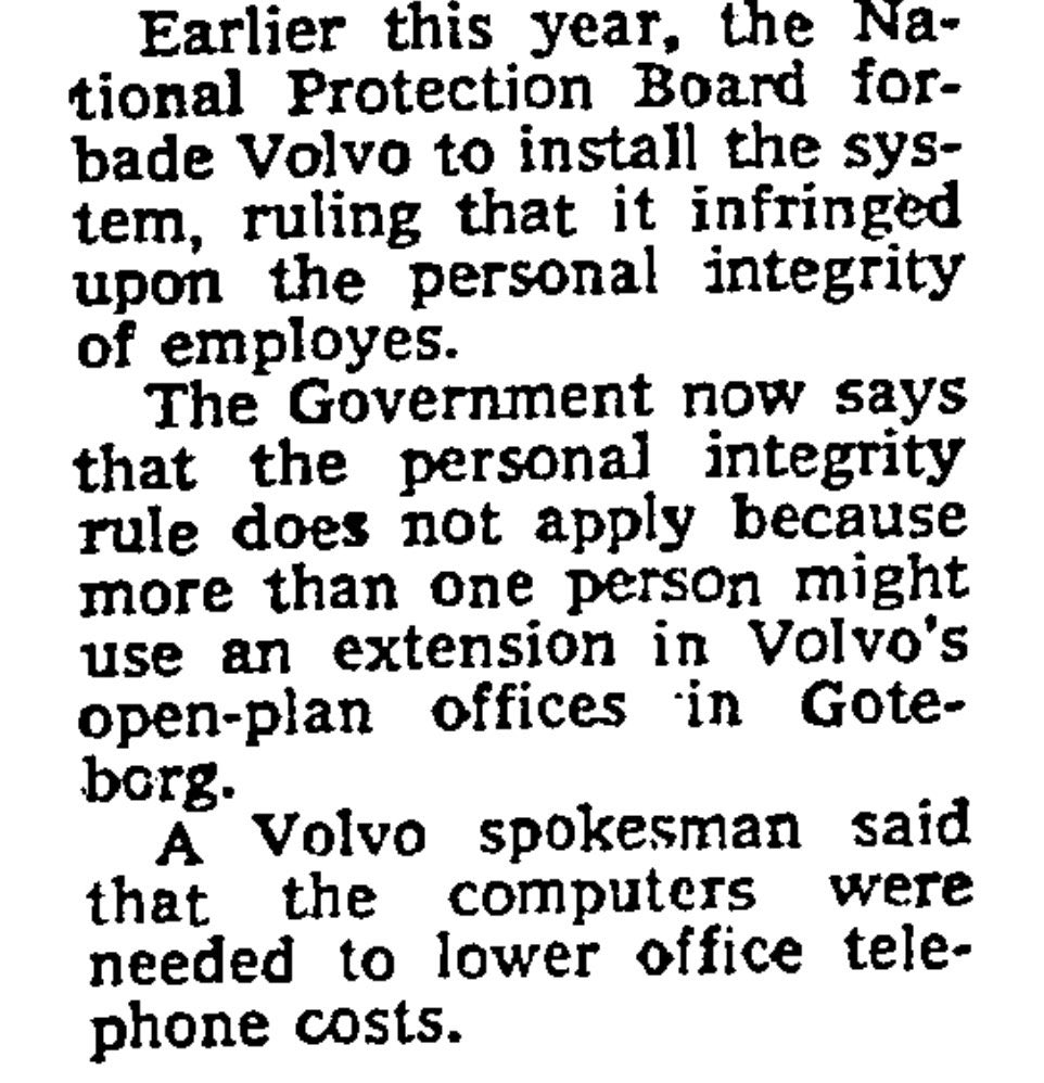 InternetPolicyP's tweet photo. On this day in 1975 the @nytimes reported that 🇸🇪 had allowed @volvocars to record the log calls of its employees, on the basis that it wasn't #personaldata as different people could use the same phone https://t.co/vc39t7aDuE