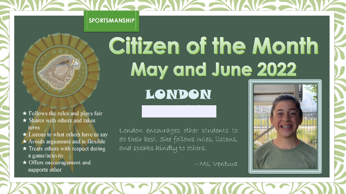 curriculum_fusd's tweet photo. Imagine someone that "offers encouragement and supports others." Well, we don't have to imagine it because we get to see it in real life. Congrats to London, our May/June Citizen of the Month. #HawkOn https://t.co/QFcqBNewNa