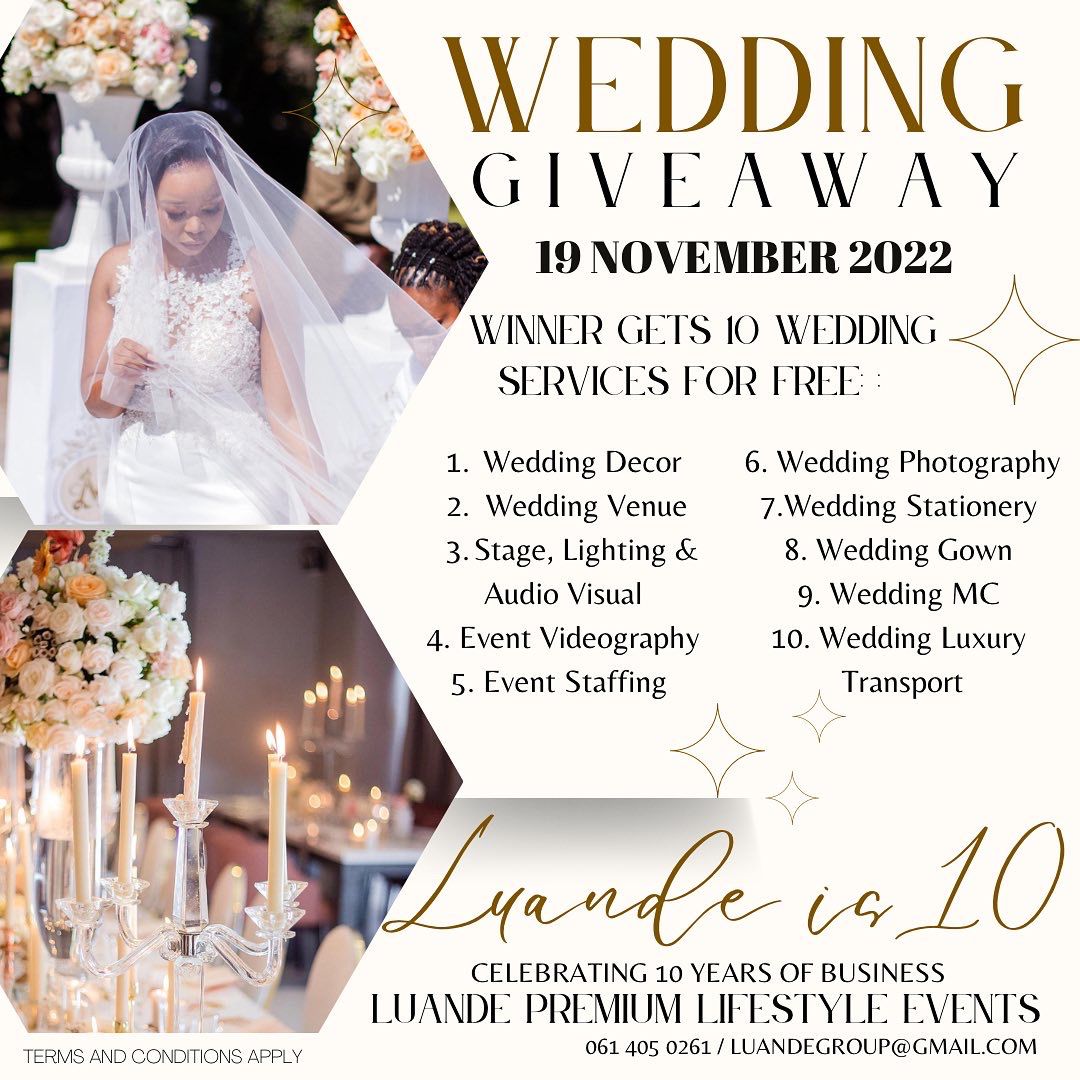 LuandePremium's tweet photo. It's Wedding Giveaway Season. #LUANDE10 Entry Details on Slides
Luande Premium Lifestyle Events 
061 405 0261 https://t.co/Mnnd9KhyzY