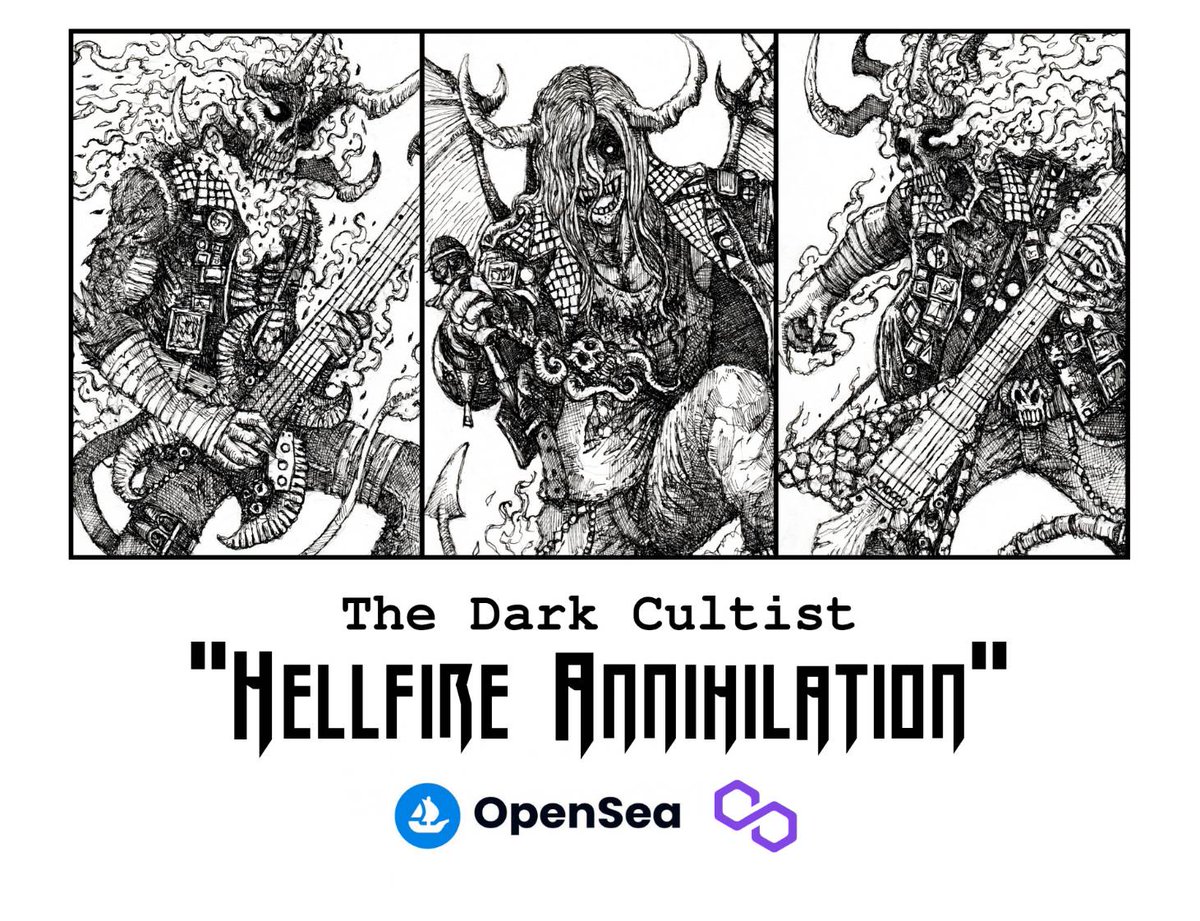 Heavy metal shit is going on here!!! 🔥
"Hellfire Annihilation" the band that rise from the deepest corner of the underworld 🤘💀

Now joined "The Dark Cultist" 😈
Drop now, 0.02 $WETH <a href="/opensea/">OpenSea</a> 🏝️🌊 
opensea.io/collection/the…

#NFTCollection #NFTCommunity #PolygonNFT