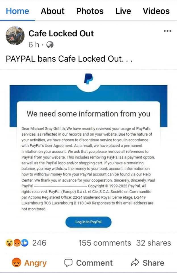 billybirdau's tweet photo. Hey @PayPal @AskPayPal @PayPalNews wtf are you idiots playing at......are you part of #TheGreatReset ? If so you can shove my account🤬🤬🤬 #boycottPayPal #CafeLockedOut #MichaelGriffith https://t.co/4ElSRfGLB8