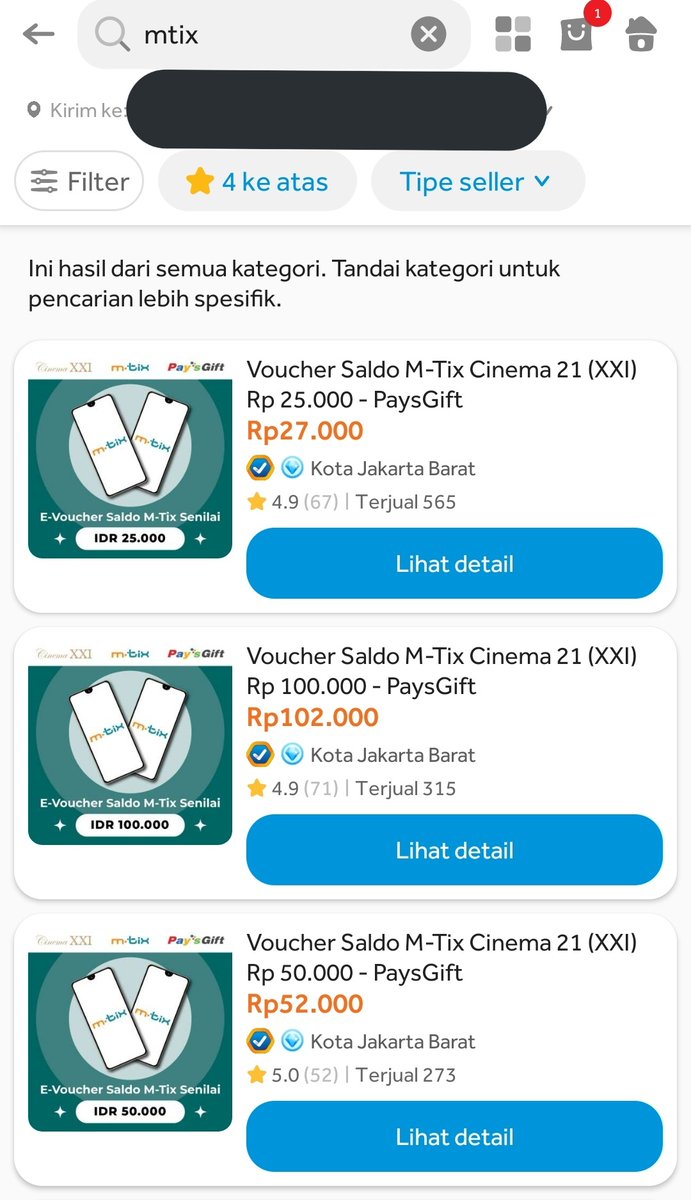 HabisNontonFilm's tweet photo. Solusi "sementara" buat bisa top-up M-Tix 25rb + admin 2rb aja. Kamu buka Blibli, search "Mtix".

Beli vouchernya, terus isi saldo M-Tix pakai kode voucher itu. https://t.co/IyszeAetYx