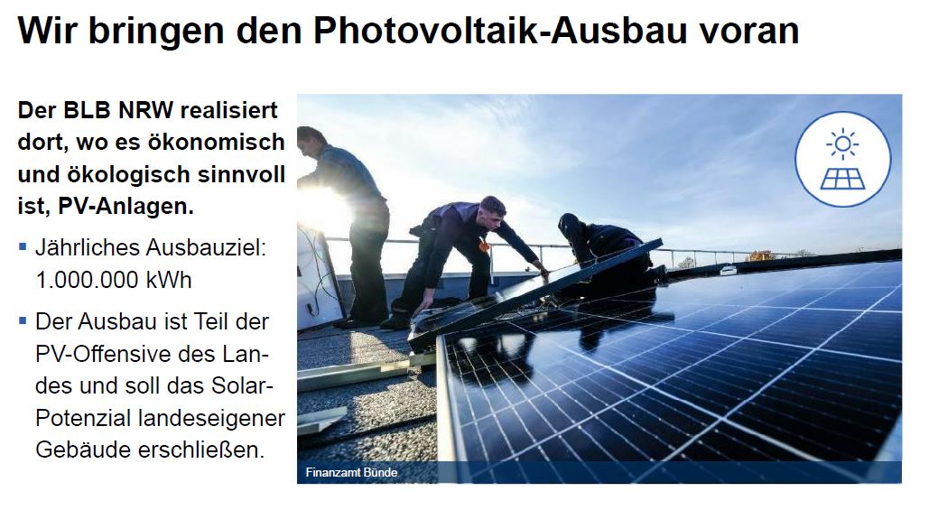 Mit einem jährlichen Ausbauziel von 1.000.000 kWh leisten wir unseren Beitrag zur klimaneutralen Landesverwaltung. Dies ist auch ein Aspekt zum Thema ‚Klimapositives Bauen“, der auf dem diesjährigen #Baukongress in #Aachen im gleichnamigen Panel angesprochen wird.