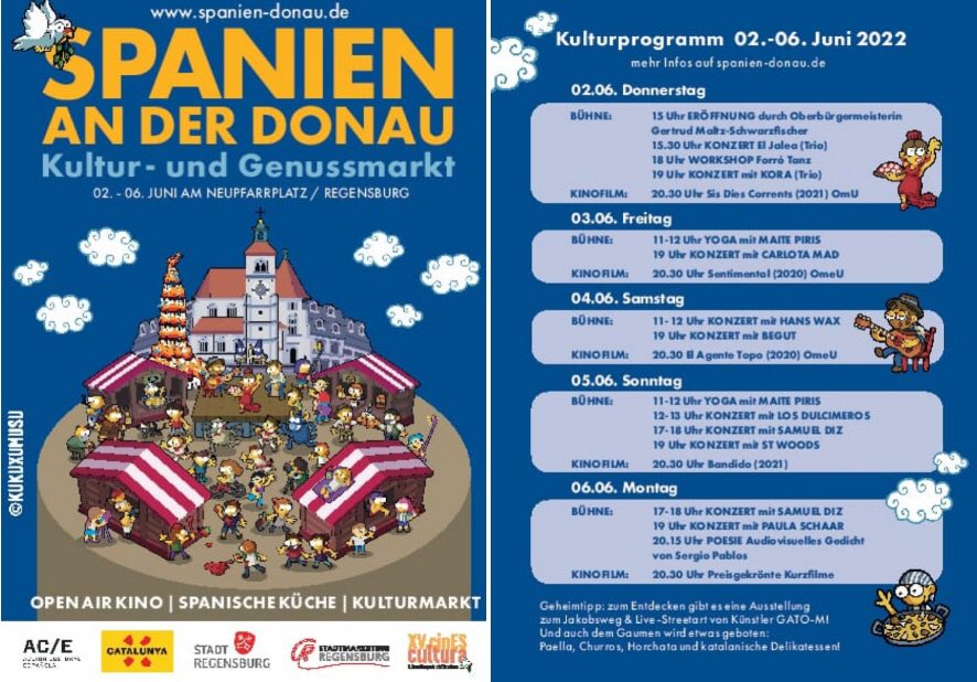 Liebe Freunde von cinEScultura! Wir können uns jetzt endlich auf den Genuss-und Kulturmarkt Spanien an der Donau freuen❗️🎊
Wann? Vom 2. bis zum 6. Juni (10-21 Uhr)
Wo? Neupfarrplatz 
<a href="/ACEcultura/">Acción Cultural AC/E</a>