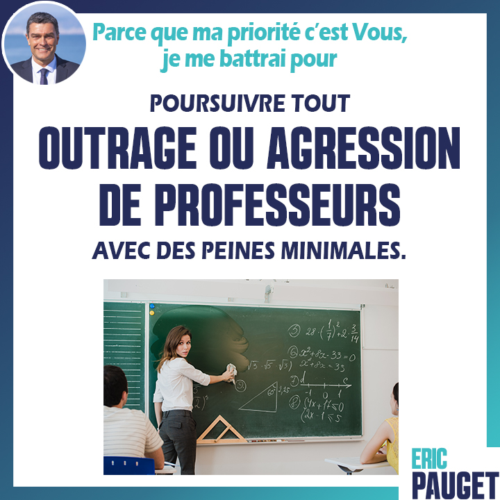 EricPAUGET1's tweet photo. #MaProposition n°5️⃣ -
Respecter et protéger nos professeurs !🧑🏫
Le #respect s'apprend à la maison et à l'#école. Je propose de poursuivre tout outrage ou agression à l'encontre d'un professeur par un élève ou un parent, avec des peines minimales.
#Pauget2022 #education https://t.co/d9uX2luPtA