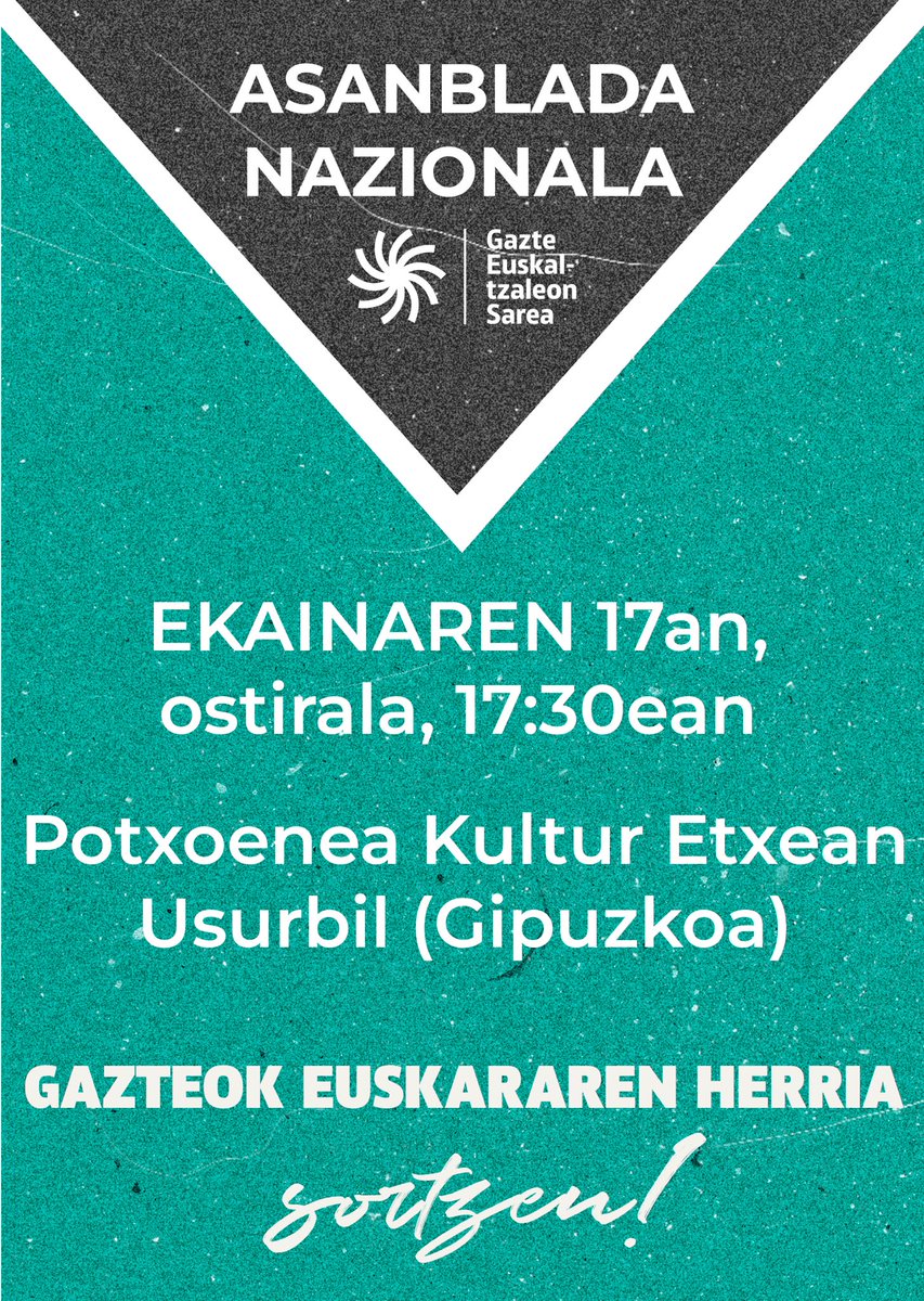 Gaztealdia's tweet photo. Euskararen egoerarekin kezkatuta zaude eta borrokara batu nahi duzu?

Zatoz ekainaren 17an Usurbilen egingo dugun asanblada nazionalera. Datorren ikasturteko plangintza zehaztu, eta aurrean ditugun erronkei erantzuteko.

Zure bultzada ere beharrezkoa da, gazte! Animatu🙌🏽 https://t.co/13YYYr2EKh