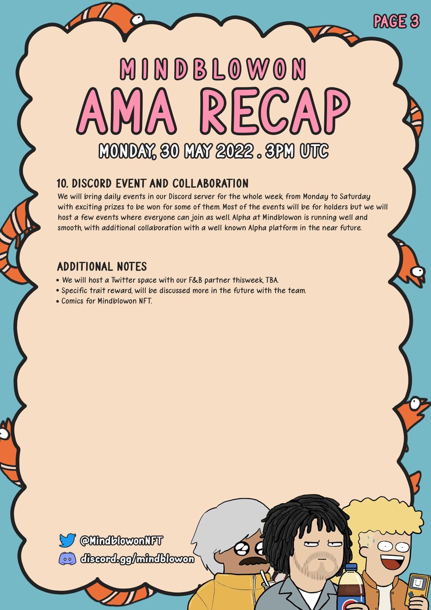 @MindblowonNFT Latest AMA recap (30 May 2022, 3 PM UTC)

They have the recording in @MindblowonNFT too !

NYC soon !TOT 🦐🦐🦐

<a href="/andhikataa/">dhikata 🦐🦐🦐</a> @Dagelanco <a href="/ellyoyeah/">Bocle 🍒</a> <a href="/TED3166/">T.E.D.</a>