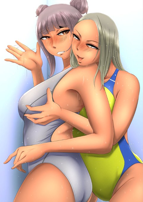 [R-18] 黒ギャル競泳水着レズセ絵 #百合 #レズ #着衣 #yuri #黒ギャル #競泳水着 #背後から手マン  