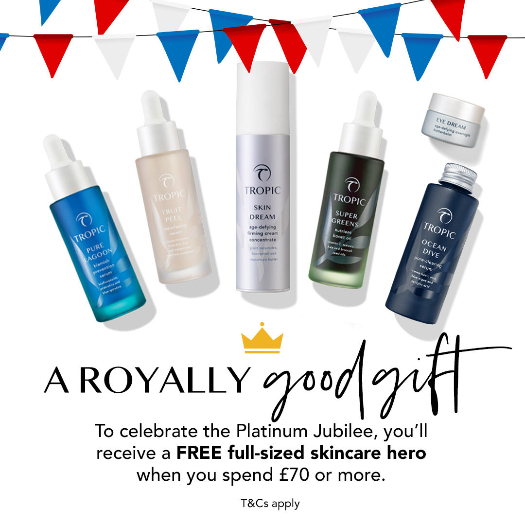Give yourself the royal treatment this Platinum Jubilee and receive a FREE full-sized skincare hero when you spend £70 or more 👑 Offer valid 7:00am 1st June - 9:00am 6th June, while stocks last. Full T&Cs apply. tropicskincare.com/?gclid=Cj0KCQj… #TropicSkincare #LoveTropic
