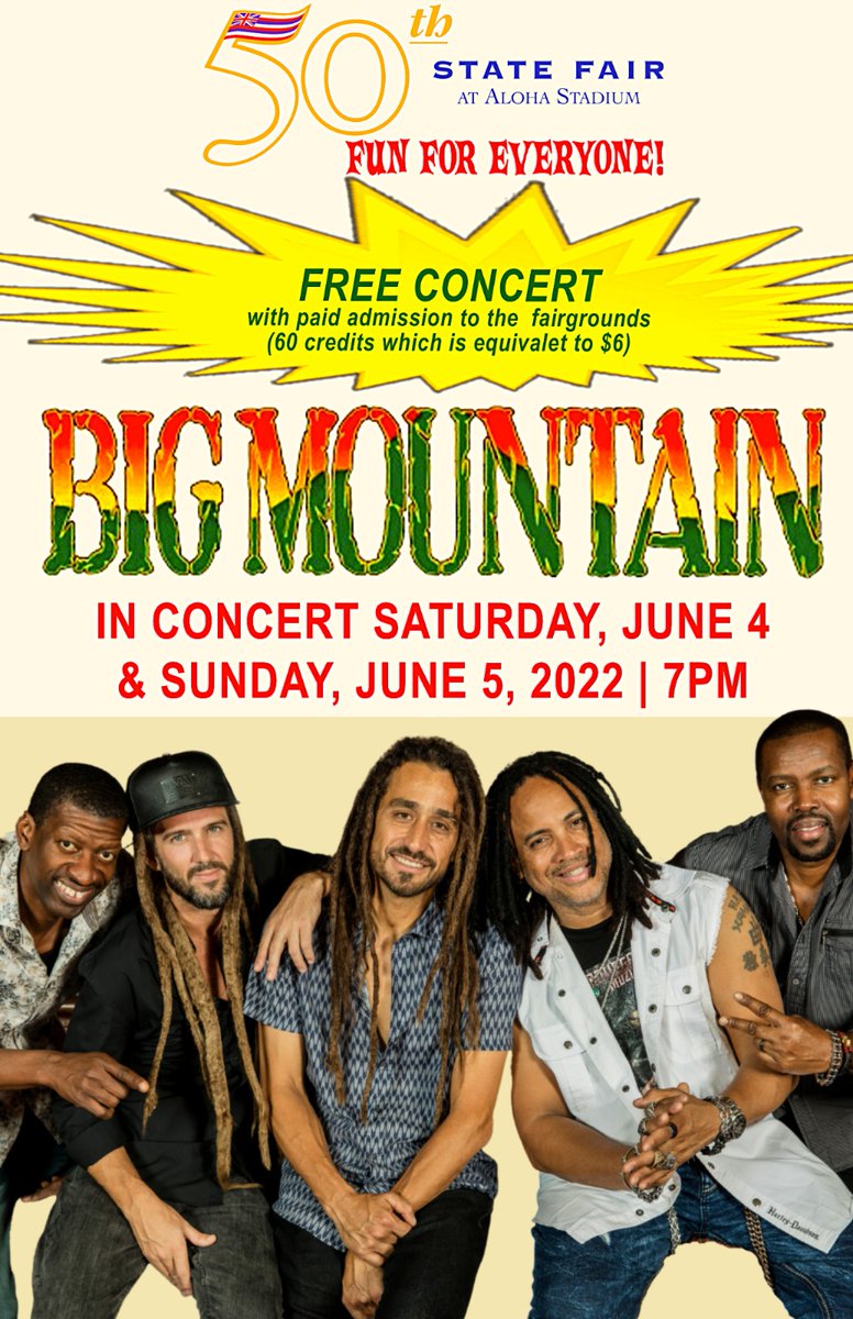 bigmountainband's tweet photo. #Hawaii Get Ready for the State Fair this weekend! The #bigmountain Concert is FREE with paid admission to the fairgrounds! Saturday and Sunday at the #50thStateFair At #AlohaStadium! π #bigmountain #HawaiiReggae #bigmountainband
#therock #dwaynejohnson
#babyiloveyourway https://t.co/zROUZpHB6Y