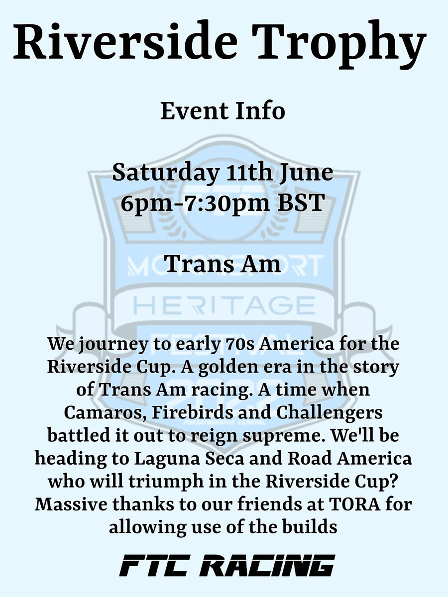 Announcing the first events of our Motorsport Heritage Festival. 

Kicking off the weekend we have th Okayama Cup, a spec event using MX-5s and the Riverside Trophy, where we pay homage to the iconic Trans Am series.
Head to the server to get involved 
discord.gg/gcMg5vg