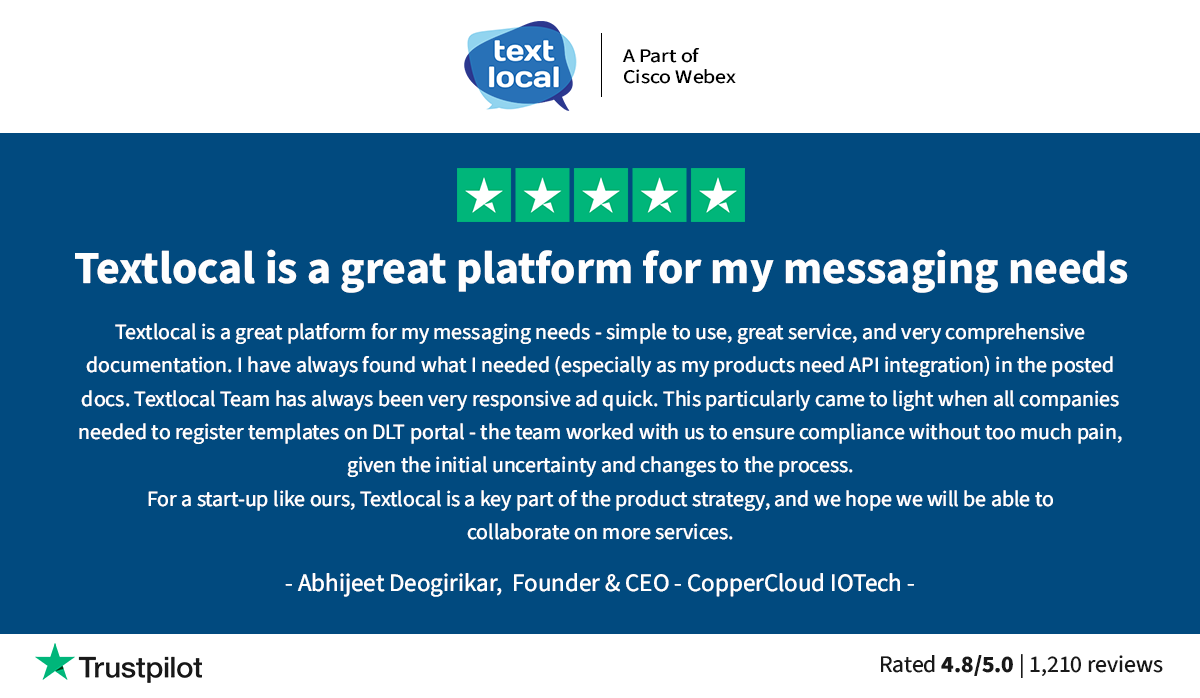 textlocalIN's tweet photo. "Textlocal is a great platform for my messaging needs" - Thank you for the wonderful feedback, Abhijeet. 

Take a look at our latest reviews from other happy Textlocal customers: https://t.co/EeeknLa8QG

#customersspeak #startups #textlocal https://t.co/KGG6mOR6zB