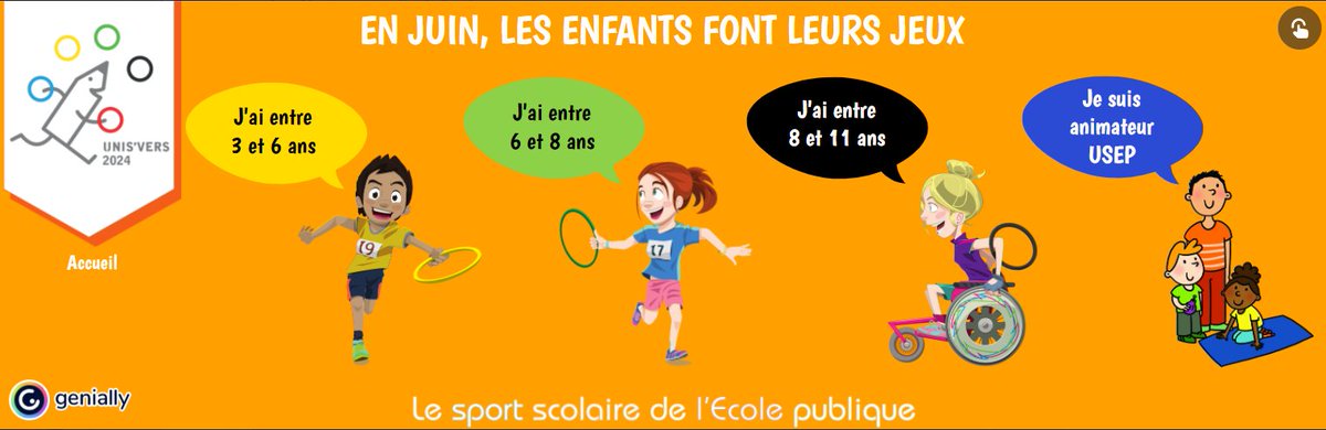 USEP nationale (@usepnationale) on Twitter photo Faciliter l’implication des enfants dans l’organisation de leurs rencontres de #sportscolaire #Usep: c’est ce que permet l’outil interactif «En juin les enfants font leurs jeux», développé à leur intention sur la plateforme <a href="/genially_fr/">Genially_fr</a> <a href="/usepnationale/">USEP nationale</a>
▶️usep.org/index.php/2022… Faciliter l’implication des enfants dans l’organisation de leurs rencontres de #sportscolaire #Usep: c’est ce que permet l’outil interactif «En juin les enfants font leurs jeux», développé à leur intention sur la plateforme <a href="/genially_fr/">Genially_fr</a> <a href="/usepnationale/">USEP nationale</a>
▶️usep.org/index.php/2022…