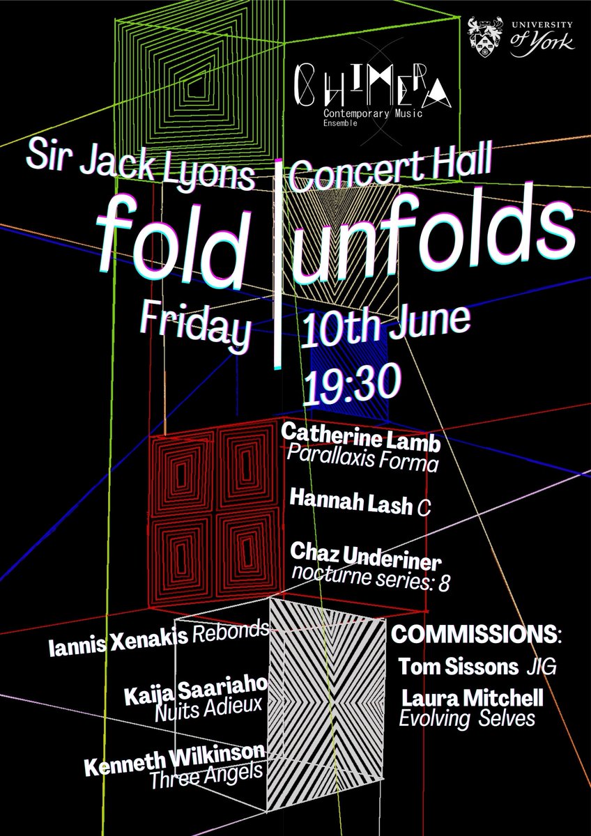 ChimeraEnsemble's tweet photo. Here is the poster for our evening concert this term on Friday 10th June! There will be an additional lunchtime concert at 1pm, in the Jack Lyons Concert Hall also.
Poster design - Helen Southernwood https://t.co/7aKzZmOzrE