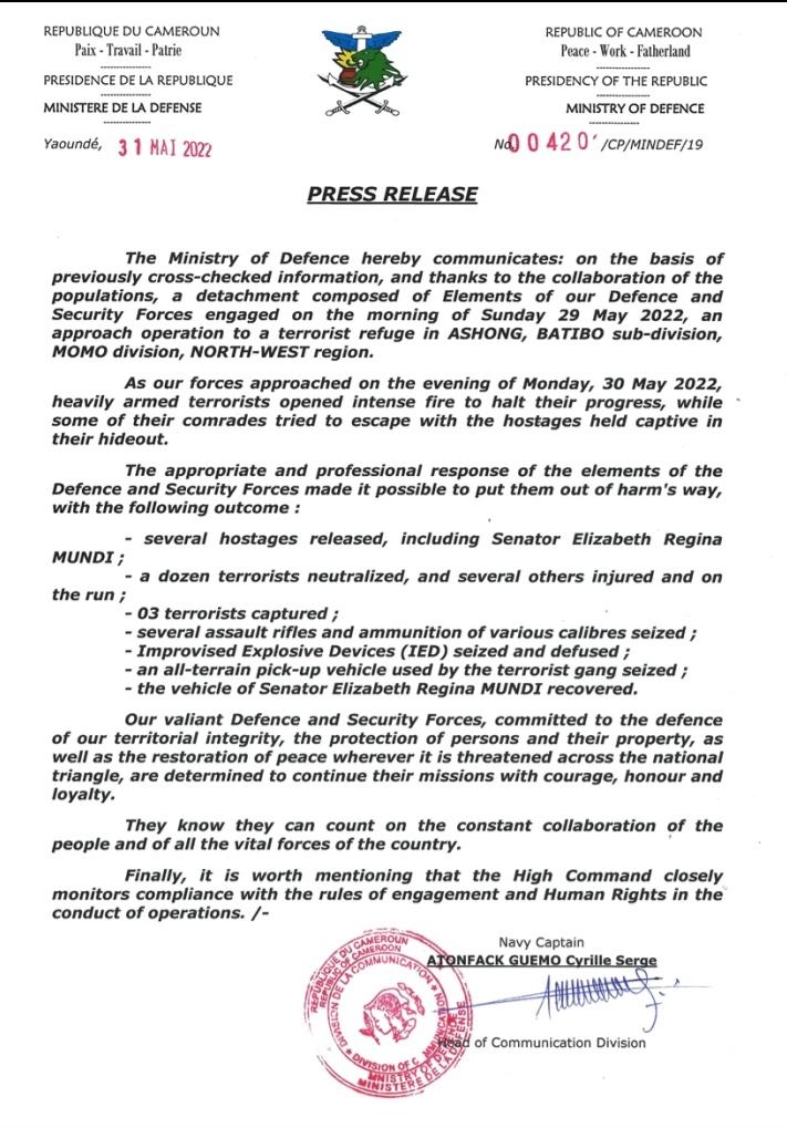 Press Release from Cameroon Defense Ministry detailing the operation that led to the rescue of a revered senator, Regina Mundi who was abducted by separatist fighters in the North West Region. <a href="/mindefcm/">Ministère de la Défense du Cameroun</a> <a href="/CameroonPm237/">Cameroon PM Cameroun</a> #cameroon.