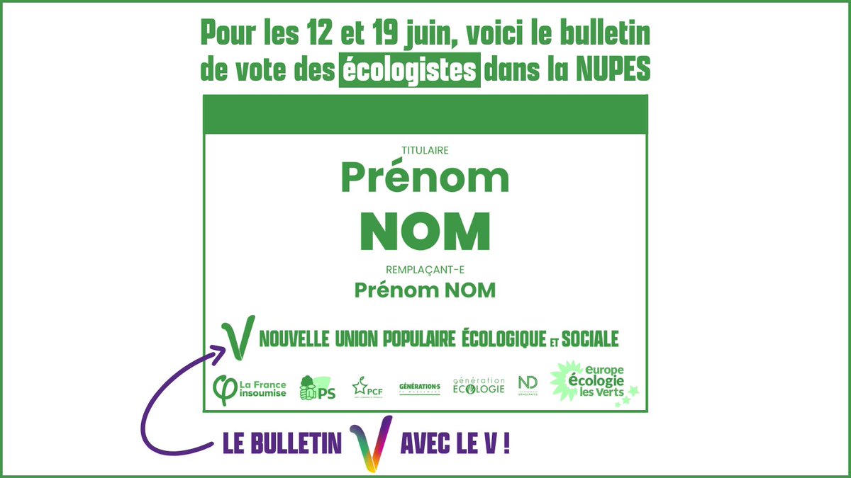 🔴 ALERTE INFO

Voici le bulletin de vote des écologistes dans la #NUPES !

➡️ Qu'il soit vert, rouge, rose ou violet, le seul bulletin pour l'union des écologistes et de la gauche, c'est le bulletin avec le ✌️

#Legislatives2022