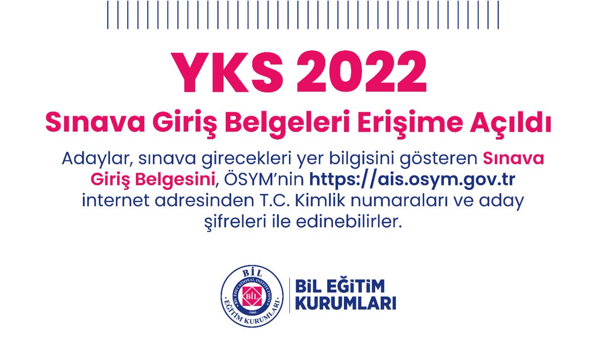 𝗬𝗞𝗦 𝟮𝟬𝟮𝟮
Sınava Giriş Belgeleri Erişime Açıldı!

ais.osym.gov.tr

#YKS2022