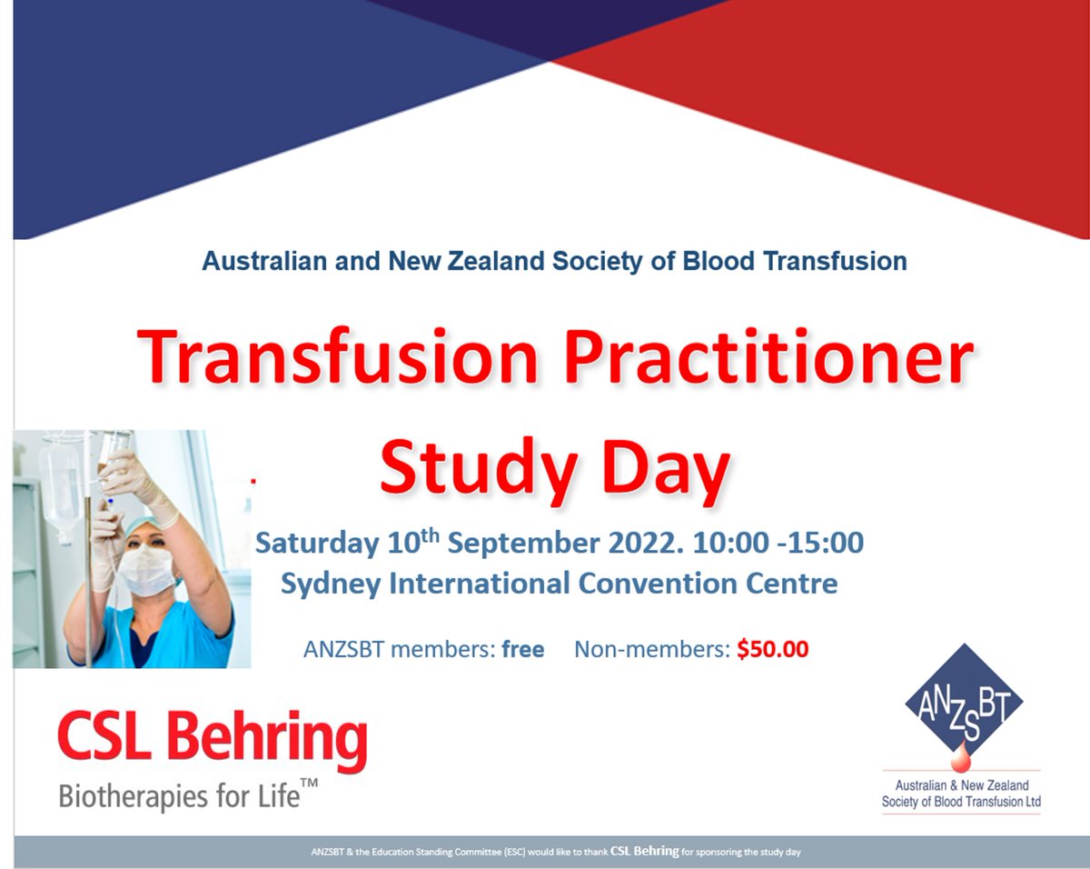 ANZSBT's tweet photo. Transfusion Practitioner Day Saturday 10 Sept adjunct to Blood2022
Enjoy face-to-face networking again as TP’s come together to share and learn.
#Blood2022 #transfusionpractitioner #blood #transfusion https://t.co/LSEia6ghNu #nursing @AmandaCatherwo1 https://t.co/W3jUAk0RSn