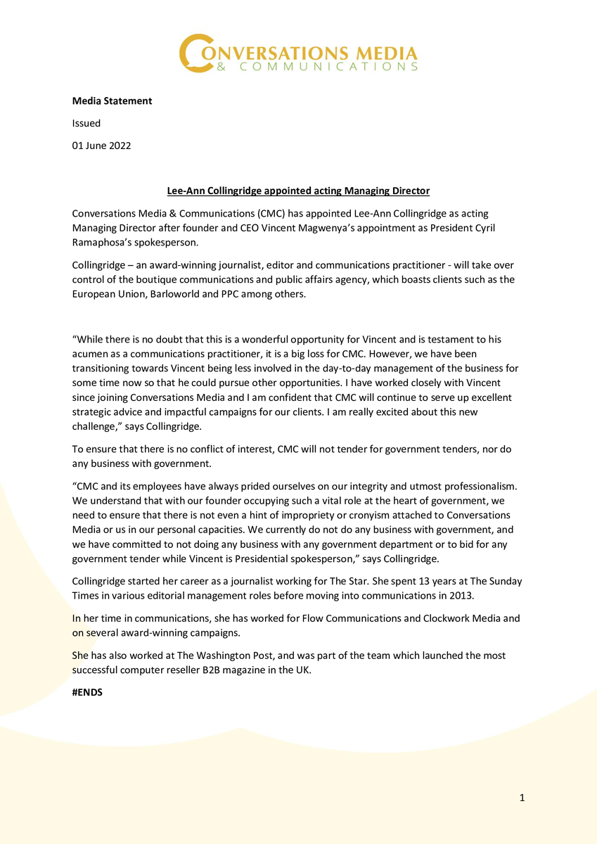 Conversations_G's tweet photo. MEDIA STATEMENT: Conversations Media &amp; Communications (CMC) has appointed Lee-Ann Collingridge as acting Managing Director after founder and CEO Vincent Magwenya’s appointment as President Cyril Ramaphosa’s spokesperson. https://t.co/75fpgOb5Pu