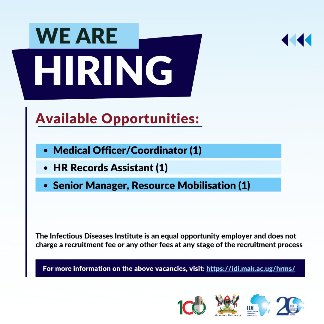 IDIMakerere's tweet photo. Join our Team! 

- Medical Officer/Coordinator (1)
- HR Records Assistant (1)
- Senior Manager, Resource Mobilisation (1)

Find more information about these opportunities here: https://t.co/HqZ4Gu3za3 https://t.co/xFhvv2pkJ0