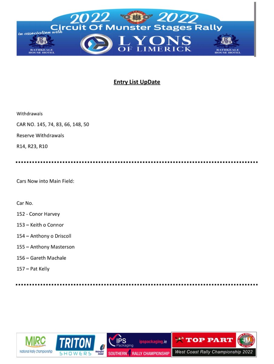 Entry list update No.1.  Folks please be prompt letting the secretary know if you are unable to take part in this year's event so to give others in your rally family a chance to get off reserve &amp; running in Sunday's rally!