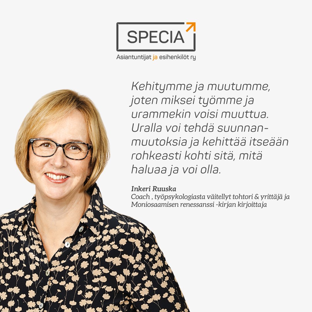 #tulevaisuus on #moniosaaja lle otollinen, toteaa Specian vieraskynän varressa Moniosaamisen renessanssi -kirjan kirjoittaja @InkeriRuuska Lue Inkerin artikkeli ja osallistu Specian kesäkisaan, VOIT VOITTAA KIRJAN OMAKSESI! 🤩 bit.ly/specia_blogi1