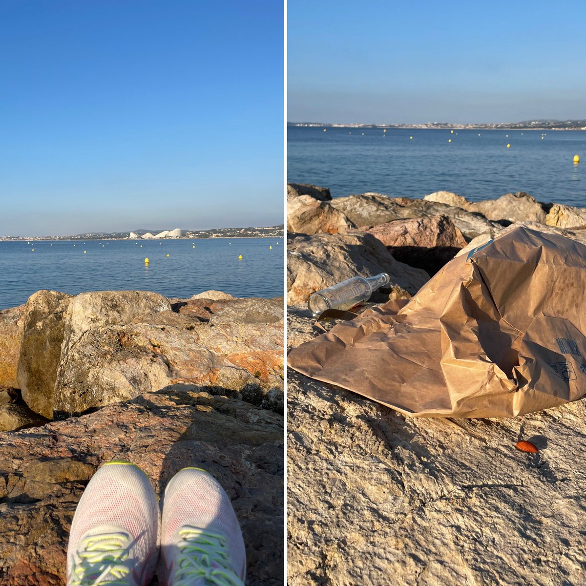 A gauche : #chanceuse retour au calme face à la mer #LifeisBeautiful 
A droite : je hurle ! 😡 « Nous n’héritons pas de la terre de nos ancêtres, nous l’empruntons à nos enfants »  #jaimemaplanete #respect #CleanUp