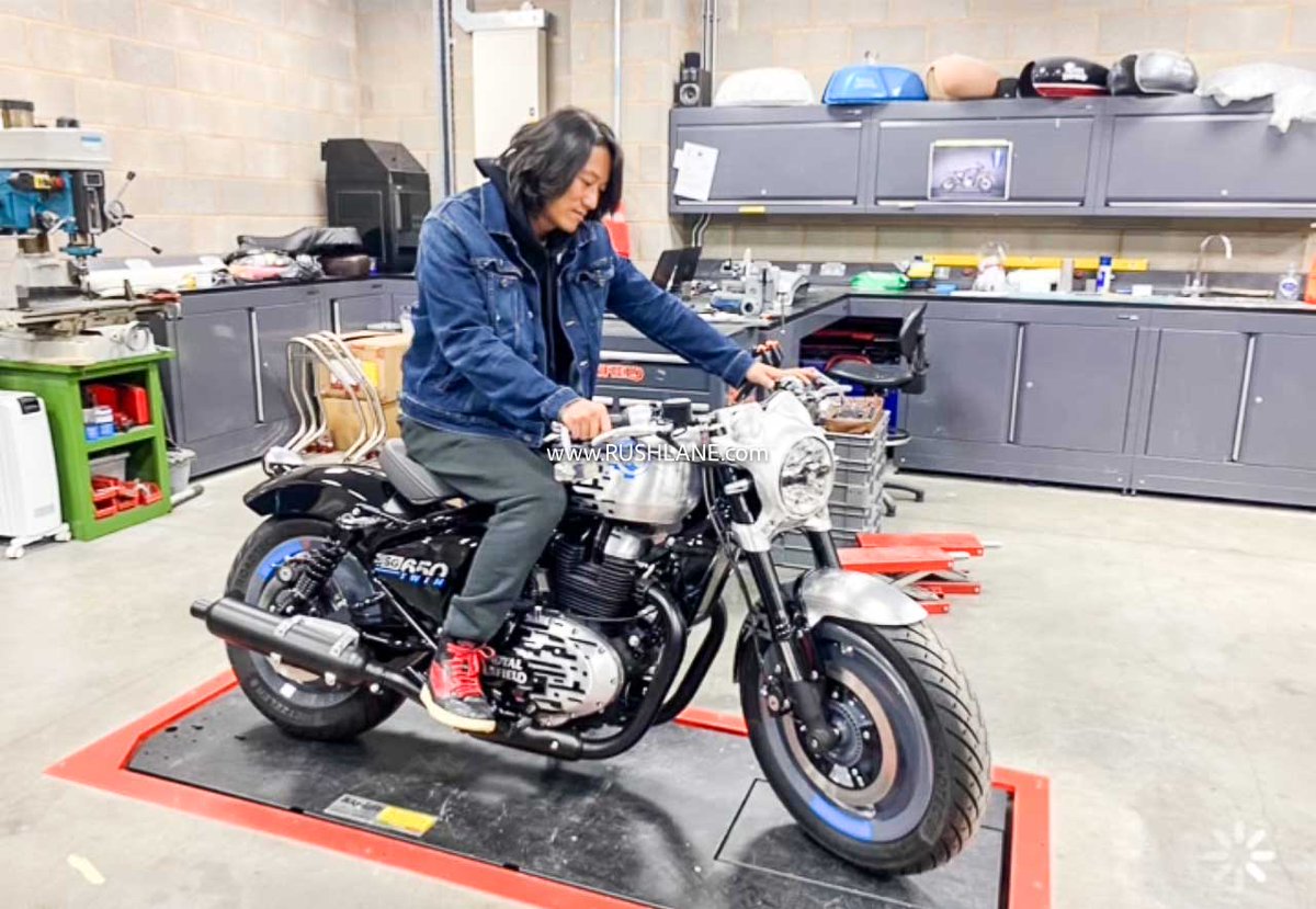 rushlane's tweet photo. Guess who paid visit to Royal Enfield R&amp;D in the UK

Royal Enfield SG650 Bobber And Fast &amp; Furious Tokyo Drift Actor Sung Kang https://t.co/S05ST5UNkS