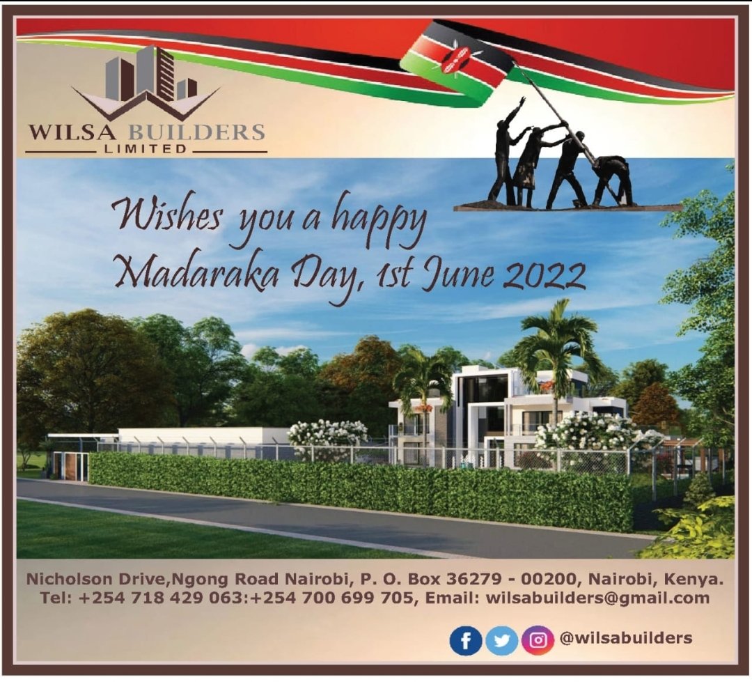 WilsaBuilders's tweet photo. We celebrate and enjoy our freedom.
Happy Madaraka Day to you all.
#happymadarakaday🇰🇪
#designandbuildsolutions
#buildingyourdream https://t.co/5lN65Vq9lr