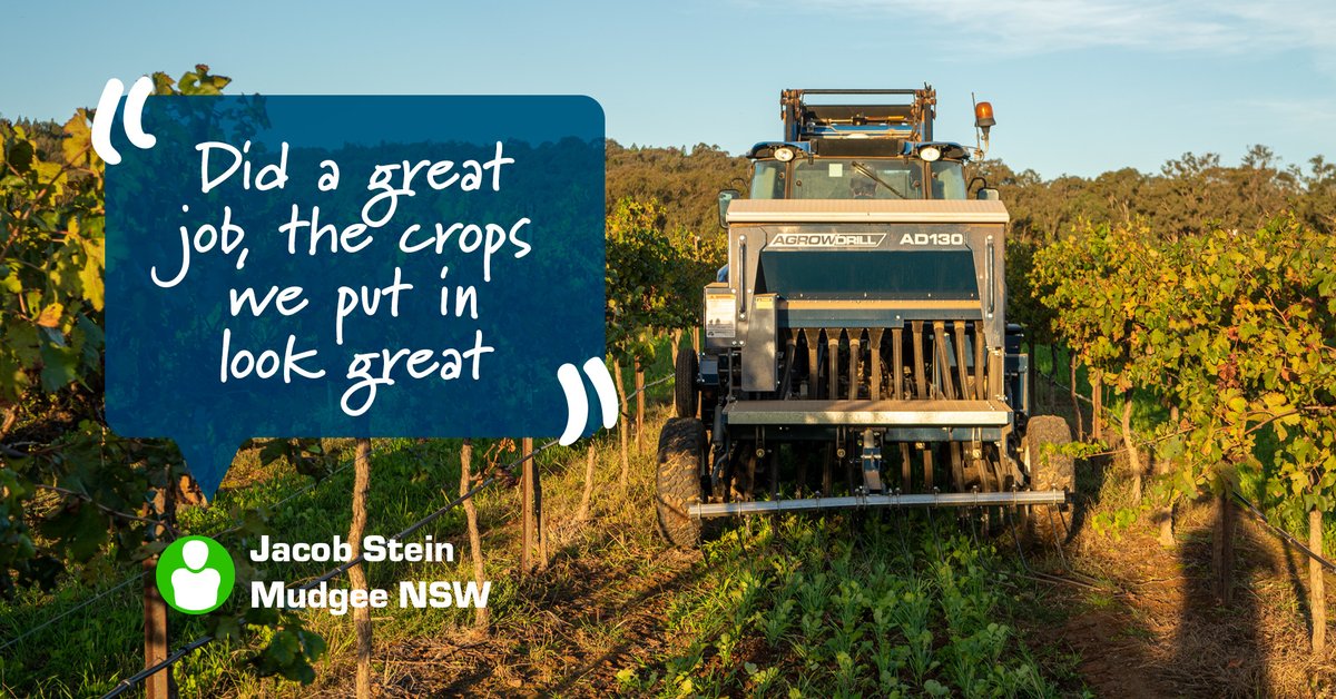 "The seeder did a great job this season and the crops we put in look great. It worked really well in the vineyard and also in our pasture paddocks. 9/10" 
📍 Jacob Stein, Mudgee NSW
ℹ️ Agrowdrill AD130, 425 Coil Tynes, 12x150mm spacings