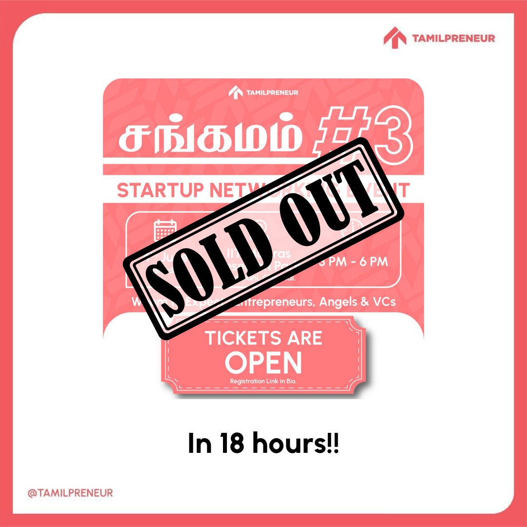 tamilpreneur's tweet photo. SOLD OUT!! 🙌❤️
See you there!
#chennai #startup #event #tamilpreneurclub #networking #connections #buildingnetwork #networkisnetworth #iitmadras #researchpark https://t.co/dJCVUg898f