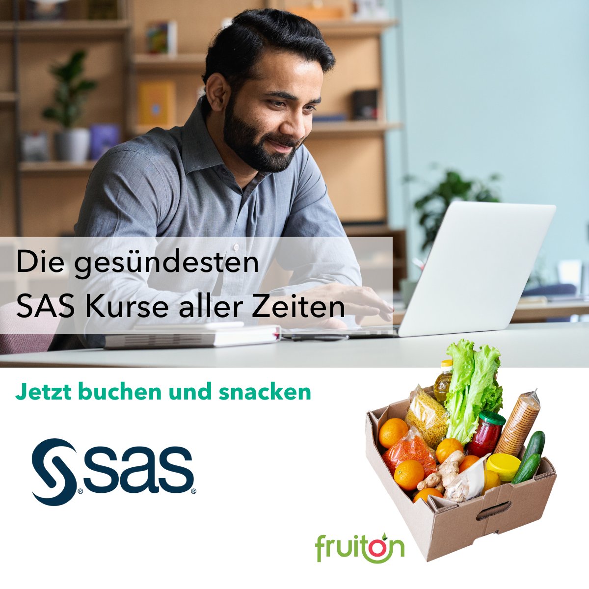 SAS_DACH's tweet photo. Virtuelle SAS Kursteilnehmer:innen zwischen dem 01.06.-30.09. leben besonders gesund. Denn Sie erhalten eine Snackbox nach Ihren Wünschen zugesandt.
Zur Kursübersicht >>https://t.co/e7Vmuq4BPW<< 
#healthyfood #LearnSASonline #SASEducation #healthy #Homeoffice #SASTraining https://t.co/GCZSOHFntZ